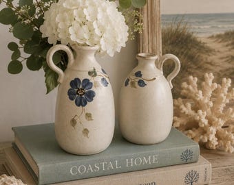 Vintage Handmade Studio Art Pottery Handpainted Blue Flowers Pair (2) of Mini Vase / Oil Bottles Jars