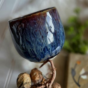 Studio Art Pottery Artist Signed Drip Glaze Blue & Brown Planter Pot