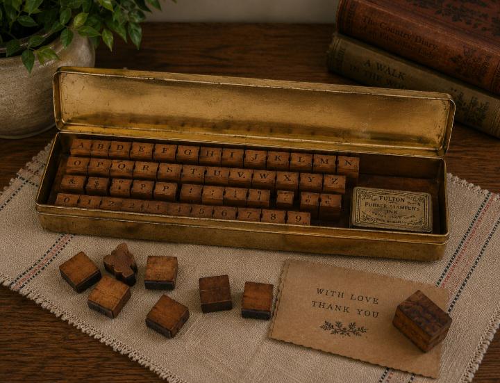 Vintage Antique Rubber Stamp Wood Block Lot 65 Letters, Numbers Symbols w/ Box