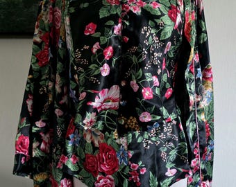 Conjunto de lencería nupcial romántica de 3 piezas para mujer Vintage Dora L., camisón negro sedoso con estampado floral, talla L - Top, braguita y bata a juego.