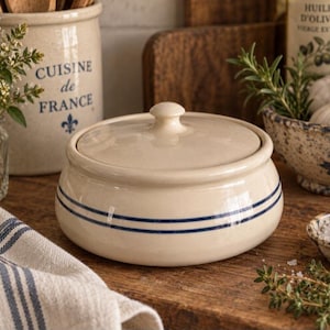 May include: A round, cream-coloured ceramic butter crock with a matching lid. The base features two thin, horizontal navy blue stripes encircling the exterior. The ceramic has a smooth, glossy finish and a simple knob handle on the centre of the lid.