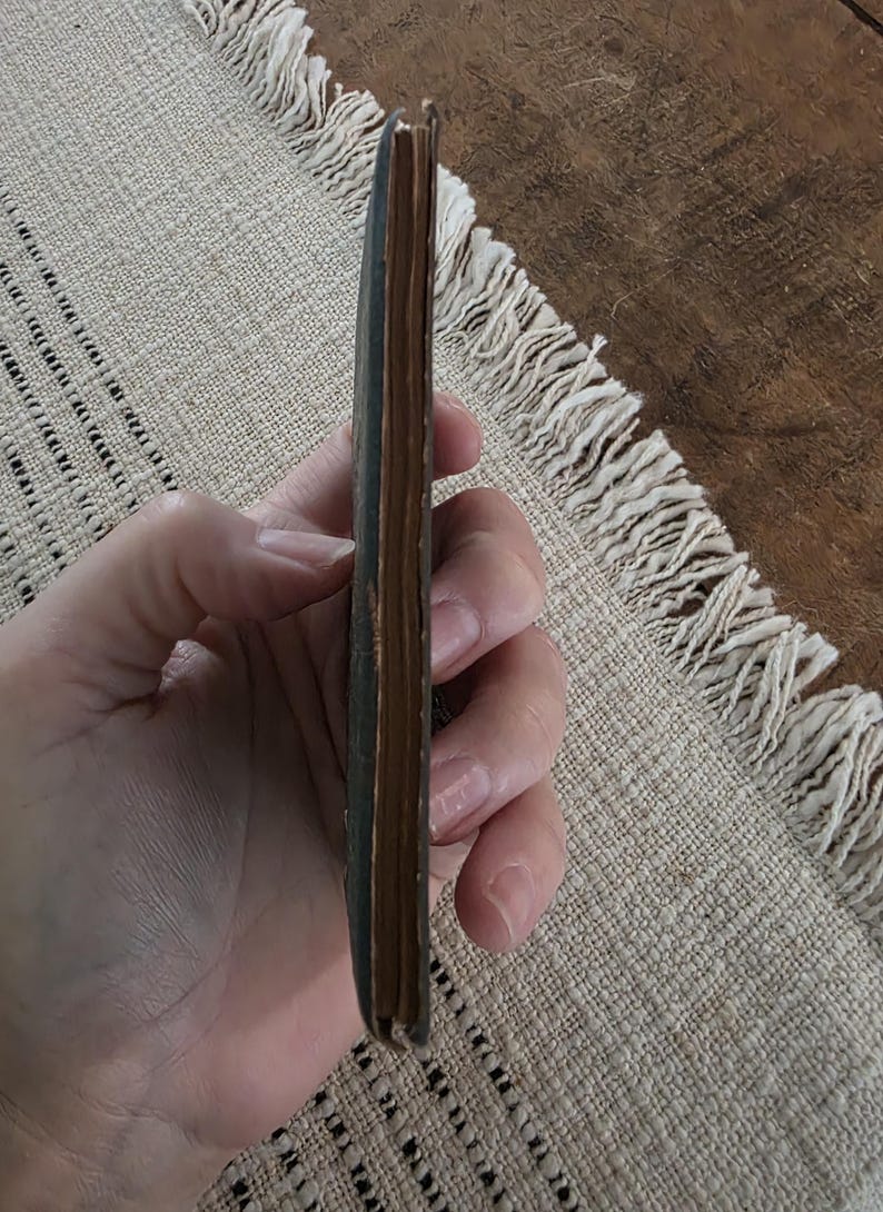 Puede incluir: Un libro peque&ntilde;o, rectangular y antiguo con una cubierta verde oscuro y p&aacute;ginas amarillentas. El libro se sostiene en una mano, mostrando su grosor y desgaste. El fondo es una superficie texturizada de tonos neutros.