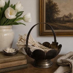 Vintage French Country Cottage Solid Brass Scallop Woven Pedastal Basket / Planter Pot with Moveable Handle & Grape Motiff