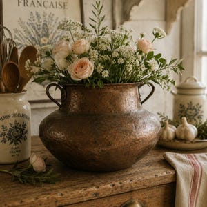 Antique Round Hammered Copper Bucket Cauldron Kettle Pot w/ Side Handles