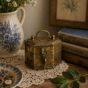 Peut inclure: Une boîte hexagonale en laiton de style ancien avec un couvercle à charnière, une poignée supérieure et un mécanisme de verrouillage central. La boîte présente de petites découpes décoratives sur les bords inférieurs et une finition métallique vieillie.