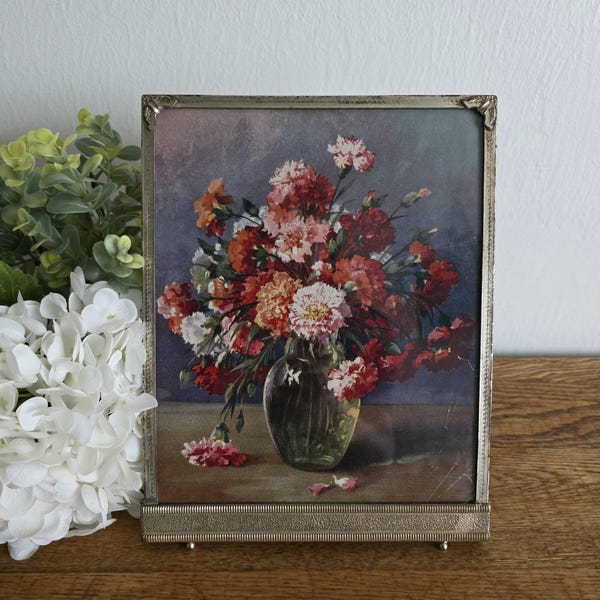 Vintage Ornate Victorian Silver Metal Footed Picture Frame w/ Floral Art Print