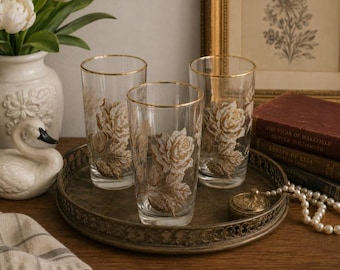 Vintage Libbey Rose Bankettbecher, weiß-goldene Rosengläser, 3er-Set