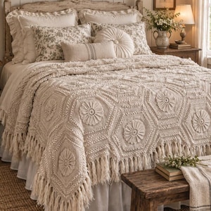 May include: A cream-colored crochet bedspread featuring a repeating hexagonal pattern with raised floral centers and a long fringe border. The bedspread is draped over a bed with multiple pillows, including floral print shams and a round tufted cushion.