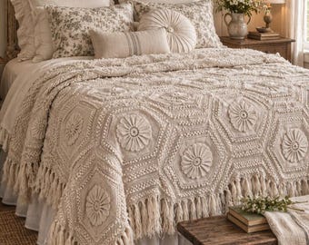 Vintage French Country Cottage Ivory / Cream Hex Floral Medallion Popcorn Crocheted Knit Fringed Bedspread Coverlet Blanket 84" x 70"