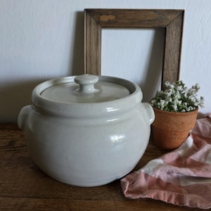 May include: A light gray ceramic lidded pot with two side handles. The pot is round with a slightly textured surface. A small terracotta pot with white flowers and a pink and white checkered cloth are next to the pot.