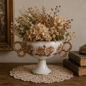 May include: A white ceramic pedestal bowl featuring gold-toned rose illustrations and two ornate gold handles on each side. The bowl is filled with a bouquet of dried beige and cream-colored flowers, including hydrangeas and baby's breath.
