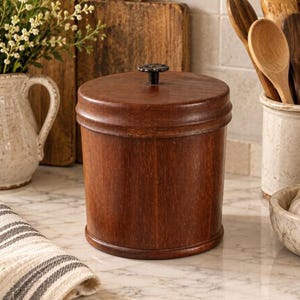Vintage Apothecary Round Solid Wood Kitchen Storage Canister Jar with Lid & Bronze Knob