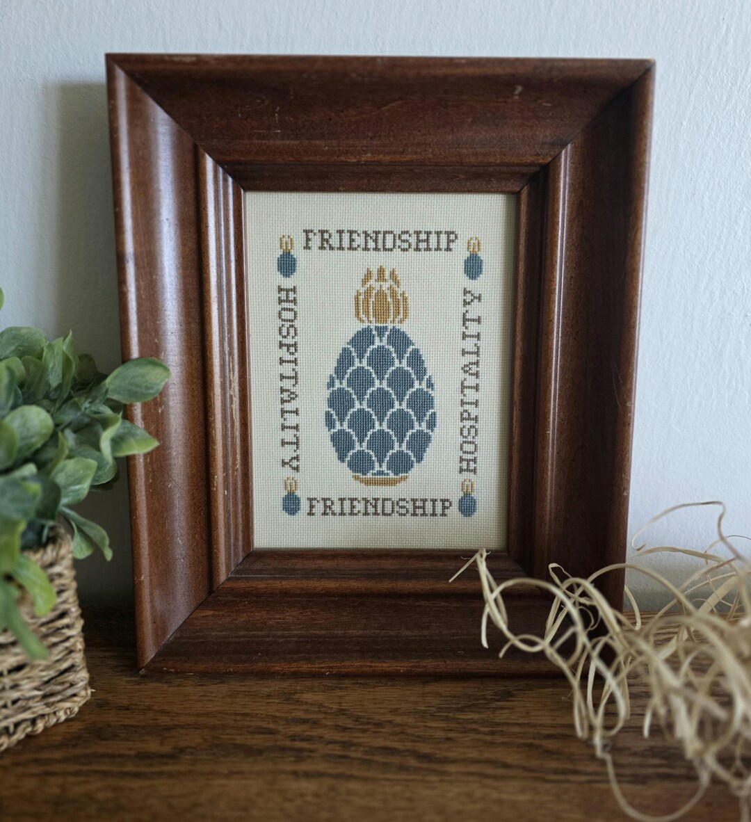 Vintage Wood Framed Needlepoint Cross-stitch Country Cottage Farm ...