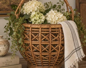 Vintage Boho / Country Cottage Style Round Handled Woven Bamboo Wood & Wicker Storage Gathering Basket