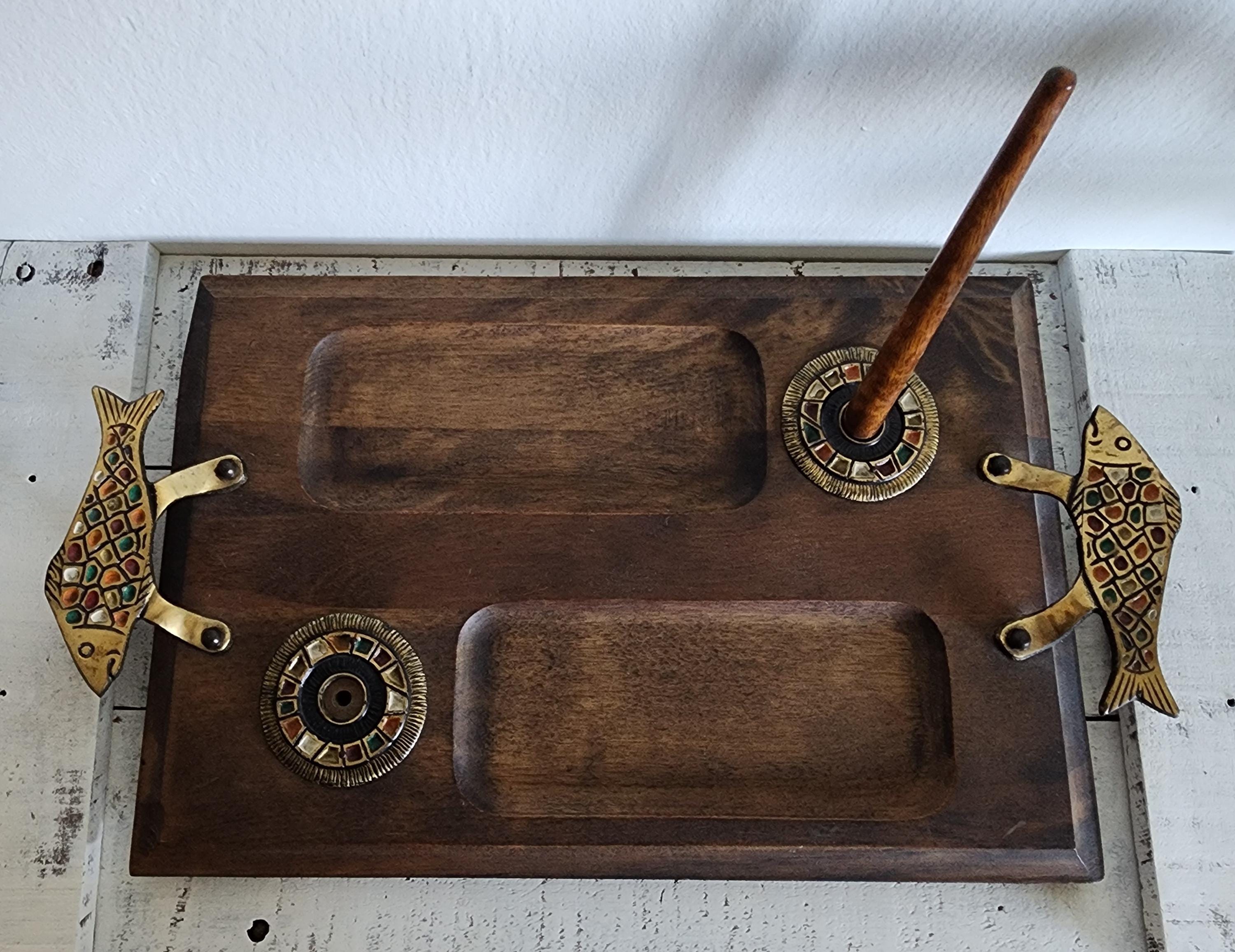 Vintage Israeli Wood, Brass and Enamel Inlay Fish Cheese Bagel