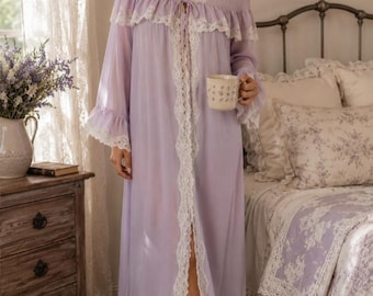 Vintage Blanche by Ralph Montenero Women's Peignoir Lavender Purple Lace Robe Oversized Sz Small