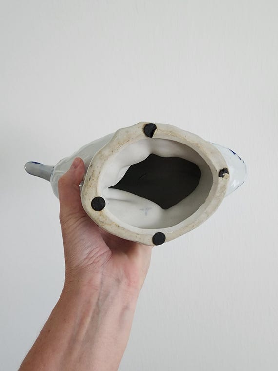 ヴィンテージの大型陶器製アヒル鳥コバルトブルー＆ホワイト手描き
