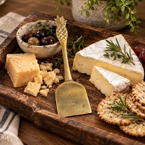 May include: A gold-toned metal cheese spreader with a pineapple-shaped handle, positioned on a dark wooden serving tray alongside a wedge of brie, a block of hard cheese, a small bowl of olives, and a stack of round seeded crackers.