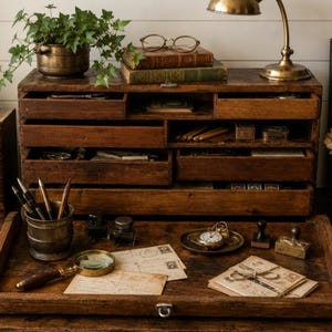 May include: A wooden desk organizer with multiple drawers and compartments, featuring a matching wooden tray in front. The setup includes a brass lamp, a potted ivy plant, vintage books, a magnifying glass, inkwells, pens, and old letters.
