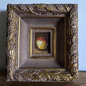 Antique Vintage Miniature Still Life Oil Painting of Apple Fruit Oil Painted on Wood Board Framed in Ornate Gold Frame