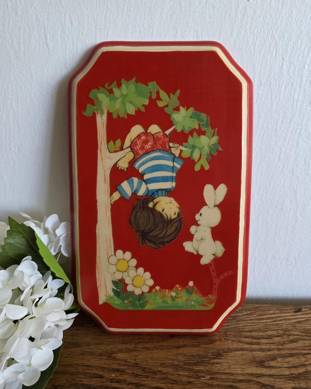 70s Cartoon Rabbit Vintage Retro 70s Decoupage Tree Hanging Upside Down Little Boy & Bunny ...