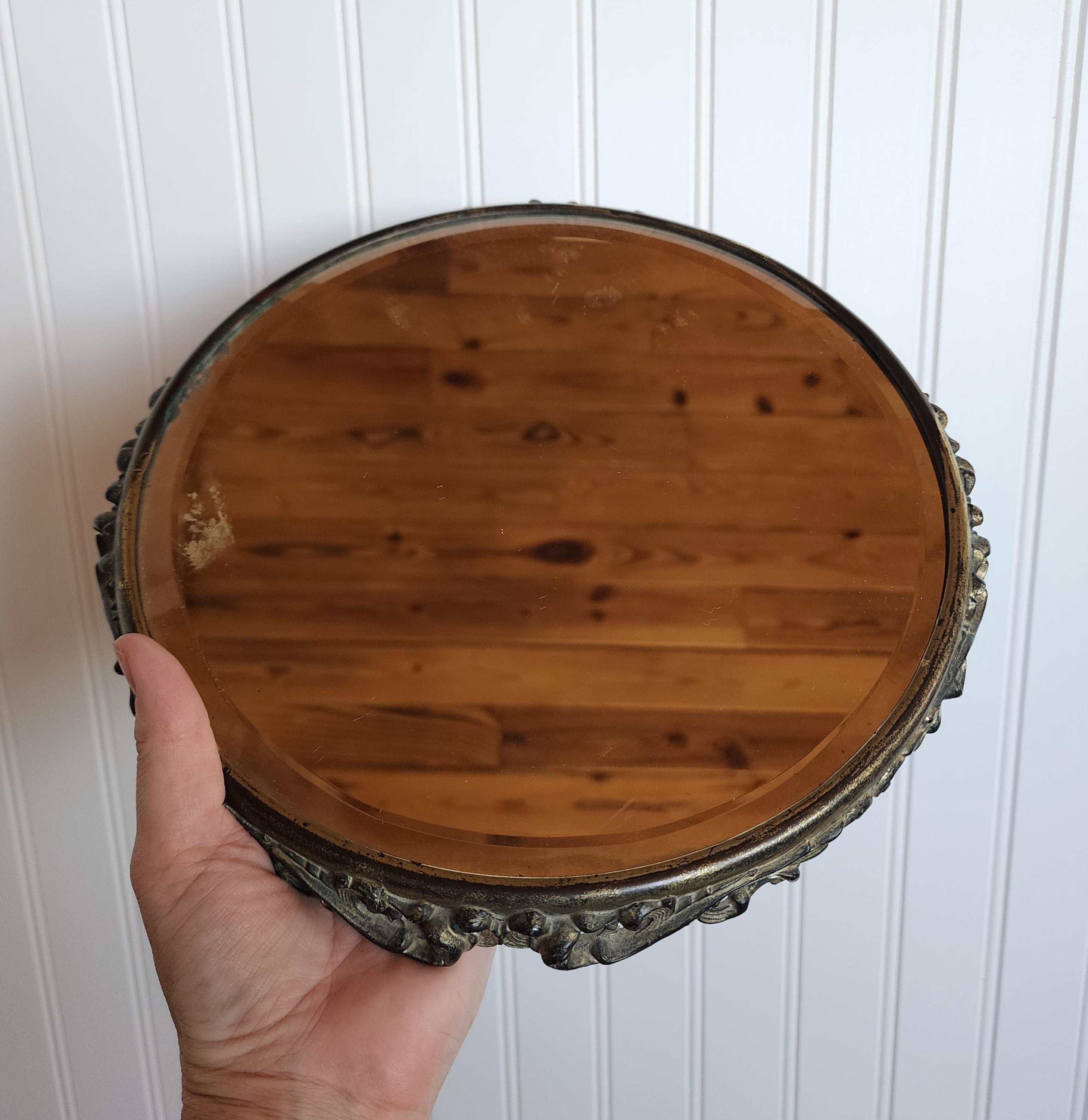 Antique Victorian Large Plateau Mirror Tray w/ Ornate Filigree Metal Footed Base