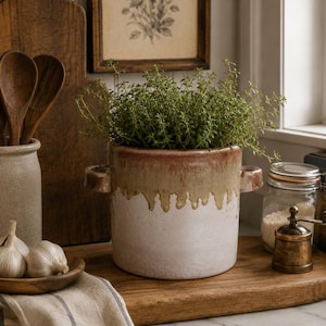 May include: A cylindrical ceramic planter with two side handles, featuring a two-tone design with a textured white base and a smooth, dripping olive-green glaze on the upper portion, containing a dense, bushy green herb plant with small leaves.