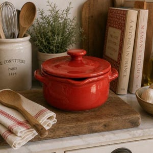 Vintage aardewerken pot/kookpot/braadpan/bonenpan met deksel, geglazuurd in bloedsinaasappelkleur.