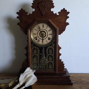 Vintage E. Ingraham and Co. Bristol Striking Solid Walnut Wood Mantle Dresser Clock with Brass & Griffin Decoration - Works + Key