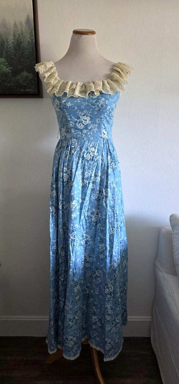 Antique Vintage French Country Cottage Edwardian Gunne Sax Style Blue Floral Lace Maxi Dress by Priscilla of Boston Size XS