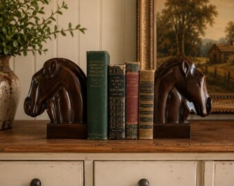 Vintage Pair (2) of Large Carved Solid Mahogany Dark Wood Horse Head Equestrian Bookends