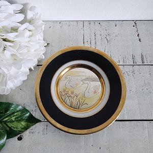 Vintage Art of Chokin Swans Birds Floral 24k Gold Edged Japan Japanese Plate Saucer Dish 6&quot;