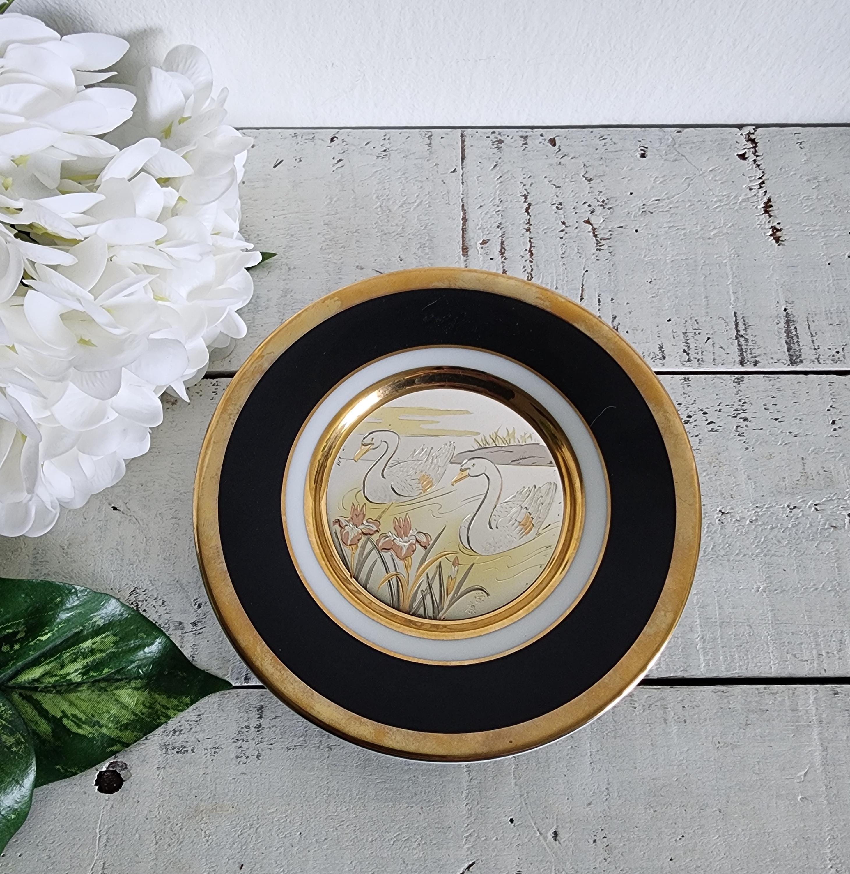 Vintage Art of Chokin Swans Birds Floral 24k Gold Edged Japan