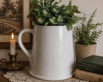 Vintage French Country Cottage / Farmhouse Style White Large Water Pitcher / Vase