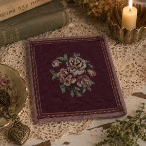 Antique Vintage Handmade Floral Needlepoint Embroidered Unframed Fabric Square Crafts Sewing Pillow Patch