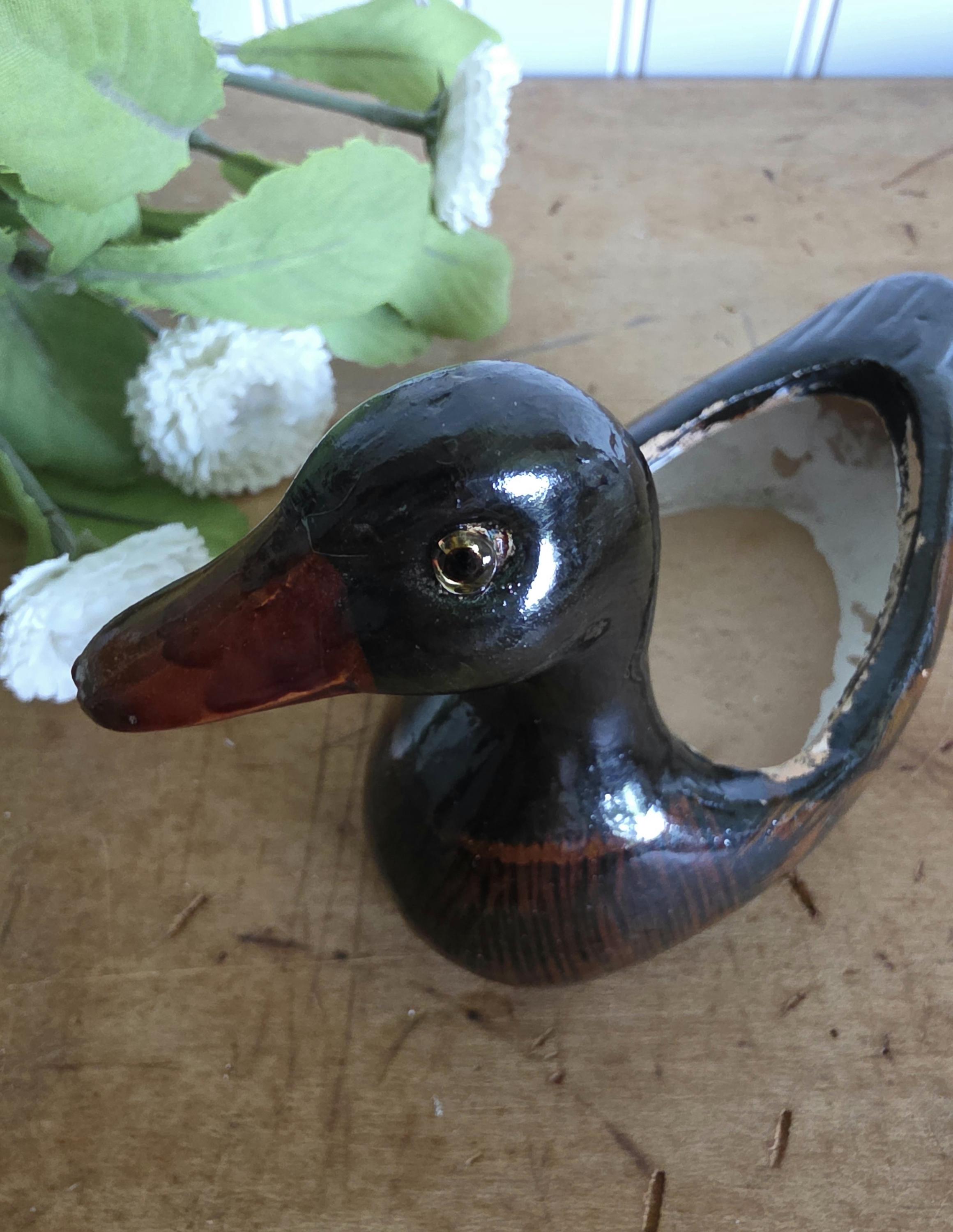 ヴィンテージ ハンドペイント セラミック アヒル 鳥 置物 小物入れ