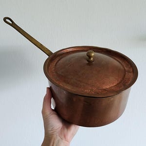 May include: A copper saucepan with a lid and a long brass handle. The pot has a rounded shape and a small brass knob on the lid. The handle has a loop at the end. The pot is held by a hand.