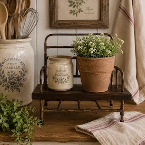 Vintage Farmhouse / Country Cottage / Rustic Style Solid Wood & Copper Metal Mini Doll / Stuffed Animal / Plant Bench Seat Chair