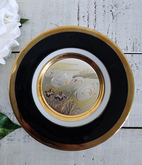 Vintage Art of Chokin Swans Birds Floral 24k Gold Edged Japan