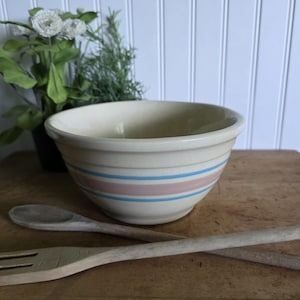 Vintage McCoy Pottery #8 Mixing Nesting Kitchen Bowl 8” Pink & Blue Stripe Band Country Cottage Farmhouse