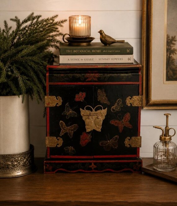 Antique / Vintage Japanese Oriental Black Laquer Butterfly Brass Jewelry Keepsake Cabinet Chest