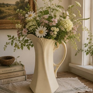 Op de afbeelding: Een crèmekleurige keramische kan met een gegroefde rand en een gebogen handvat, gevuld met een boeket van witte madeliefjes, kleine roze bloemen en groen blad. De kan staat op een textielmatje naast een stapel van drie boeken.