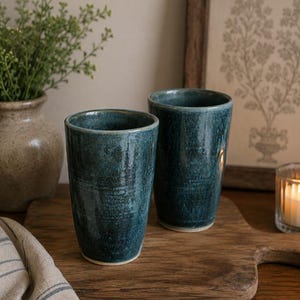 Pair (2) of Handmade Studio Art Pottery Artist Signed Blue Glazed Drink Tumblers Cups or Vase