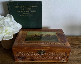 Vintage Hand Carved Cedar Wood Decoupage Horses Equestrian Jockey Print Keepsake Jewelry Trinket Storage Box