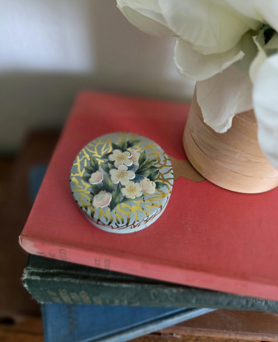 Vintage French Country Cottage Handpainted Floral Tin Storage Box Made ...