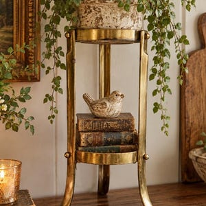 May include: A brass plant stand with three curved legs and two circular tiers. The top tier holds a weathered ceramic pot with a trailing green plant. The bottom tier holds a small ceramic bird figurine resting on three stacked vintage books.
