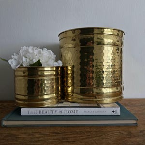 Puede incluir: Dos maceteros de metal dorado con textura martillada. Uno es más pequeño y contiene flores blancas. Los maceteros están colocados sobre un libro titulado "THE BEAUTY of HOME".
