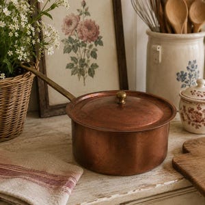 Antique French Country Cottage Copper & Brass Metal Saucepan Cooking Pot w/ Lid Made in France