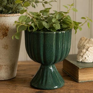 Vintage Mid Century Modern Pfaltzgraff Green Ribbed Pedastal Planter Pot / Vase / Candle / Tissue Holder
