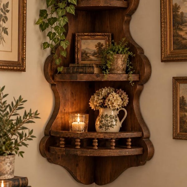 Vintage Farmhouse / Country Cottage / Rustic / Cottagecore Style Solid Wood 3 Tier Corner Wall Mount Display Shelf with Spindles 33" Tall